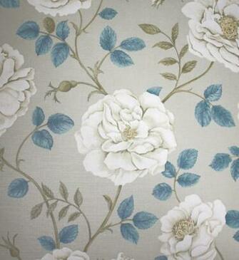 Rosalie Fabric Cream And Stone Flowers With Steel Blue Leaves On A