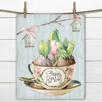 Digital Happy Spring Printable Bulbs Teacup Wood