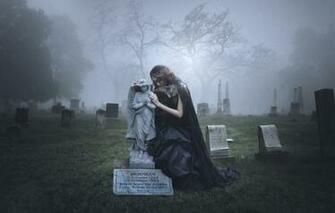 Wallpaper Girl Rain Angel Cemetery Headstone Mourning Image