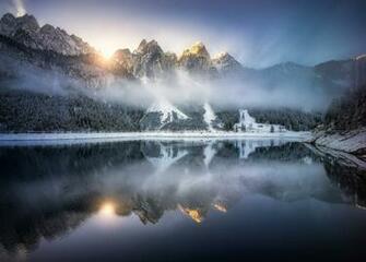 Alpenglow At Lake Gosausee HD Wallpaper Background Image