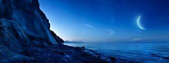 Nightfall Mountain Sea Moon Wallpaper HD