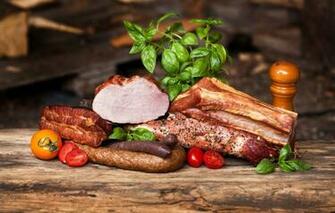 Wallpaper Greens Meat Vegetables Tomatoes Sausage Bacon