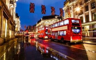 London England Bus Night Street Buildings Lights Wallpaper