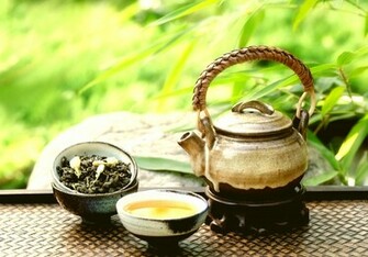 Teapot And Cups On Stone Wallpaper
