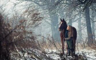 Girl Winter Horse Forest Mood Wallpaper