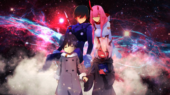 A Group Of Anime Characters Standing In Space Wallpaper