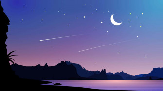 A Silhouette Of Mountain And Moon With Stars