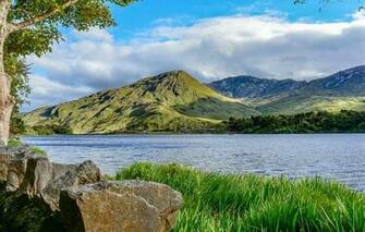 Wallpaper Grass Clouds Trees Mountains River Stones Shore