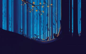 Forest Illustration Sky Blue Squirrel Tom Haugomat Trees Yellow
