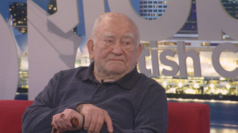 Legendary Actor Edward Asner Relaxing On A Red Couch Wallpaper