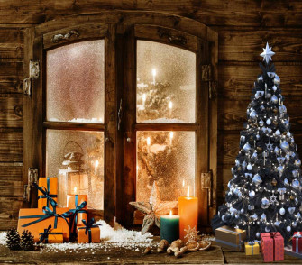 Fox Christmas Log Cabin Winter Window Fabric Vinyl Backdrop