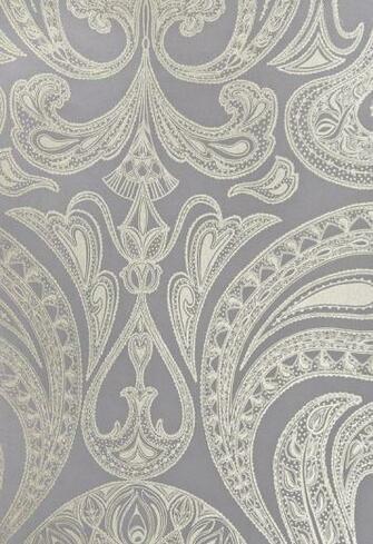Wallpaper Dark Lilac Grey With Large Metallic Silver Paisley