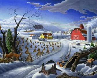 Rural Winter Snow Farm Life American Country Folk Art Americana