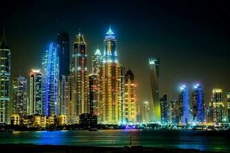 Skyscrapers Rivers Houses Dubai Megapolis Night Cities Wallpaper