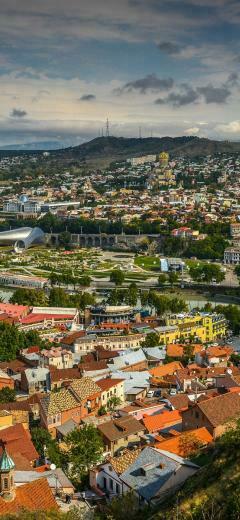 Georgia Tbilisi Cityscape Houses River Bridge