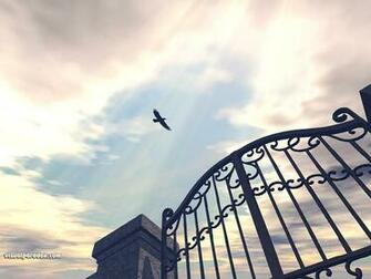 Bird Gothic Sun Rays Iron Gate Fence Sky Clouds Fly