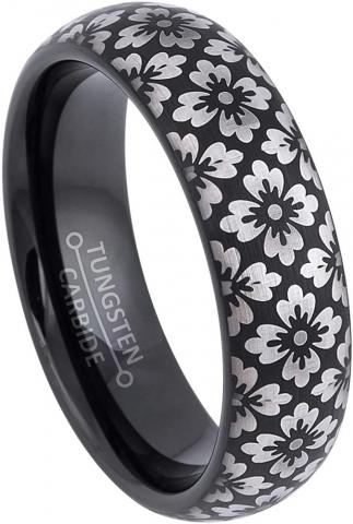 Jewelry Avalanche 6mm Black Dome Tungsten Ring With Flower