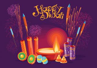 Burning Diya And Fire Cracker On Happy Diwali Holiday Background
