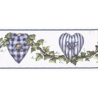 Blue White Hearted Vines Wallpaper Border