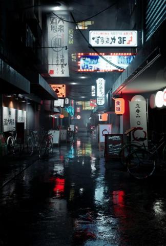 City 3d Japan Kanji Text Bicycle Road Wet Vertical