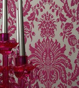 Elizabeth Pink And Silver Faux Flocked Retro Modern Damask Wallpaper