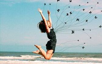 Wallpaper Butterflies Sea Girls Sky Jump