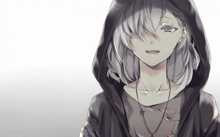 Anime Boy White Hair Hoodie Smiling Necklace