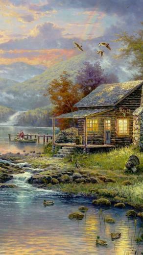 Cabin Scenic Animals Creek Sky iPhone Wallpaper