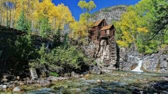 Riverside Mountain Cabin Wallpaper World