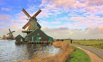 Wallpaper The Netherlands Sky Clouds Canal Windmill