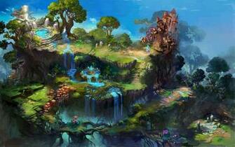 Fantasy Trees Waterfalls Castle HD Wallpaper