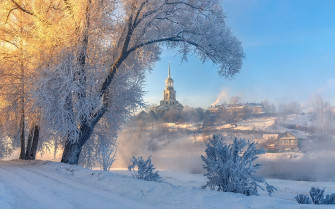 Image Church Russia Torzhok Tver Region Fog Winter Snow Trees