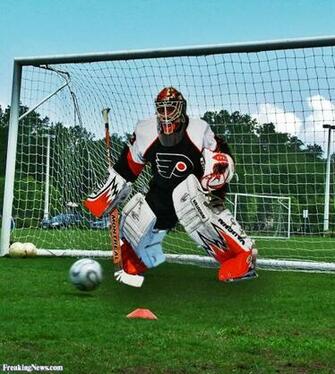 Funny Ice Hockey Goalie On Socker Field