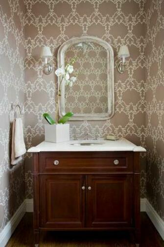 Beige And White Small Half Bathroom Under Stairs Wood Furniture Vanity