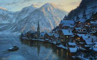 Chapel Lake Boat Mountain Sunset Evening Salzburg Wallpaper Background