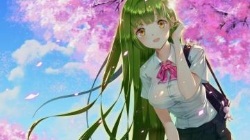 Anime Girl With Green Hair And Brown Eyes Desktop Wallpaper