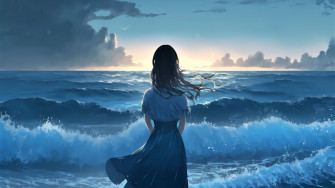 Wallpaper Girl Ocean Waves Alone Anime