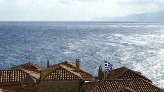 Greek Flag On The Roof In Village Monemvasia Greece Stock