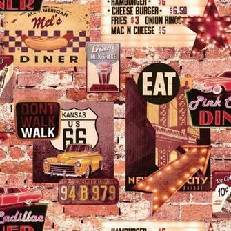 American Diner Retro 60s Brick Pattern Restaurant Wallpaper