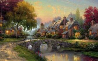 Thomas Kinkade Wallpaper Picture Summer Bridge River Houses