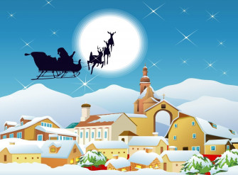 Santa Claus Sleigh Flying Moon City Houses Wallpaper