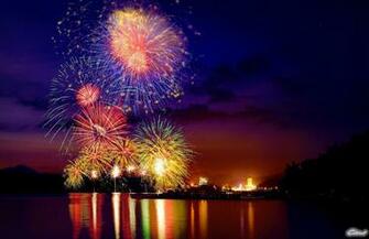 Fireworks City Lights Night Lake Wallpaper