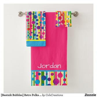 Beatnik Bubbles Retro Polka Dot Stripe Rainbow Bath Towel Set