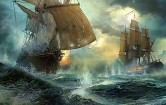 Wallpaper Ships Duel Sea Battle Vladimir Manyukhin Image