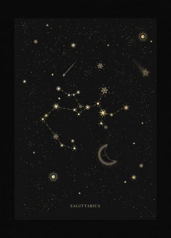 Sagittarius Zodiac Constellation Gold Metallic Foil Print On Black