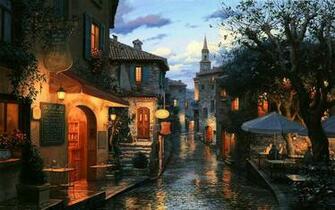 Street European Playground Cafe Bar Tables Umbrellas House Wallpaper