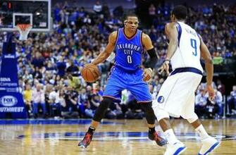 Russell Westbrook Dribbles As Dallas Mavericks Guard Rajon Rondo