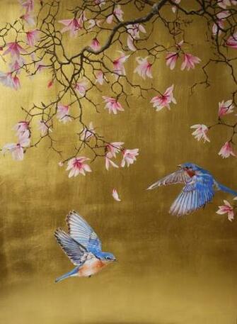 Magnolia With Bluebirds Gold Leaf Art Artwork