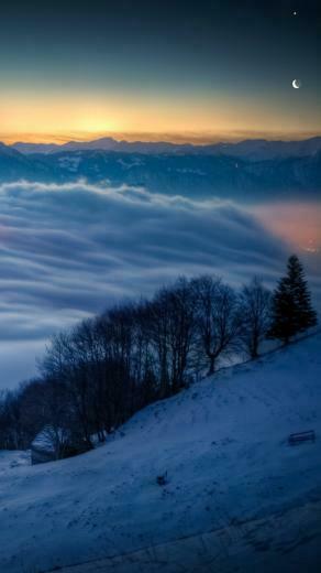Snowy Mountain Valley Clouds Sunset Landscape iPhone Wallpaper
