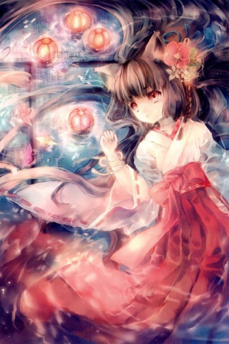 Girl Fox Animal Spirit Japanese Flowers Wallpaper